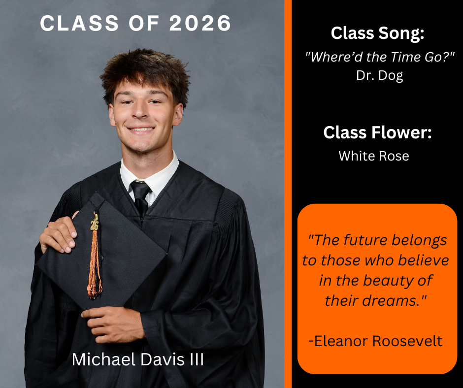 boy holding a graduation cap wearing a graduation gown; features class song and class flower