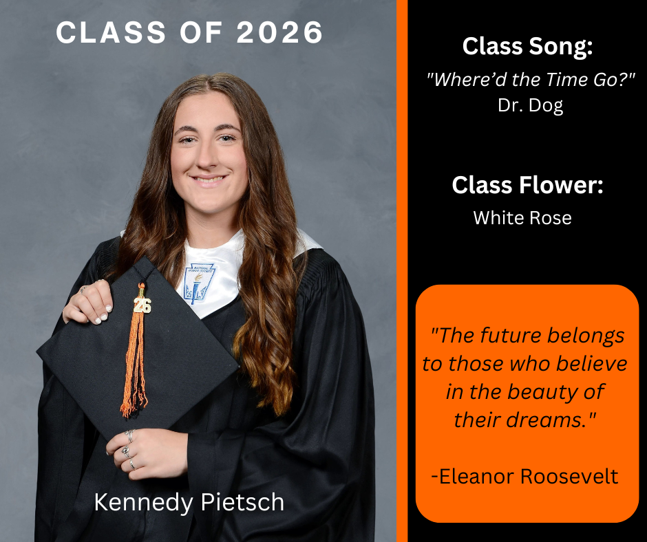 girl holding a graduation cap wearing a graduation gown; features class song and class flower