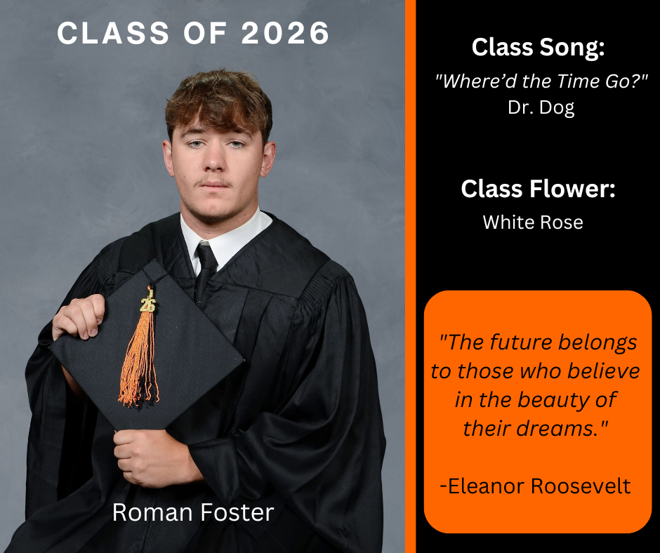 boy holding a graduation cap wearing a graduation gown; features class song and class flower