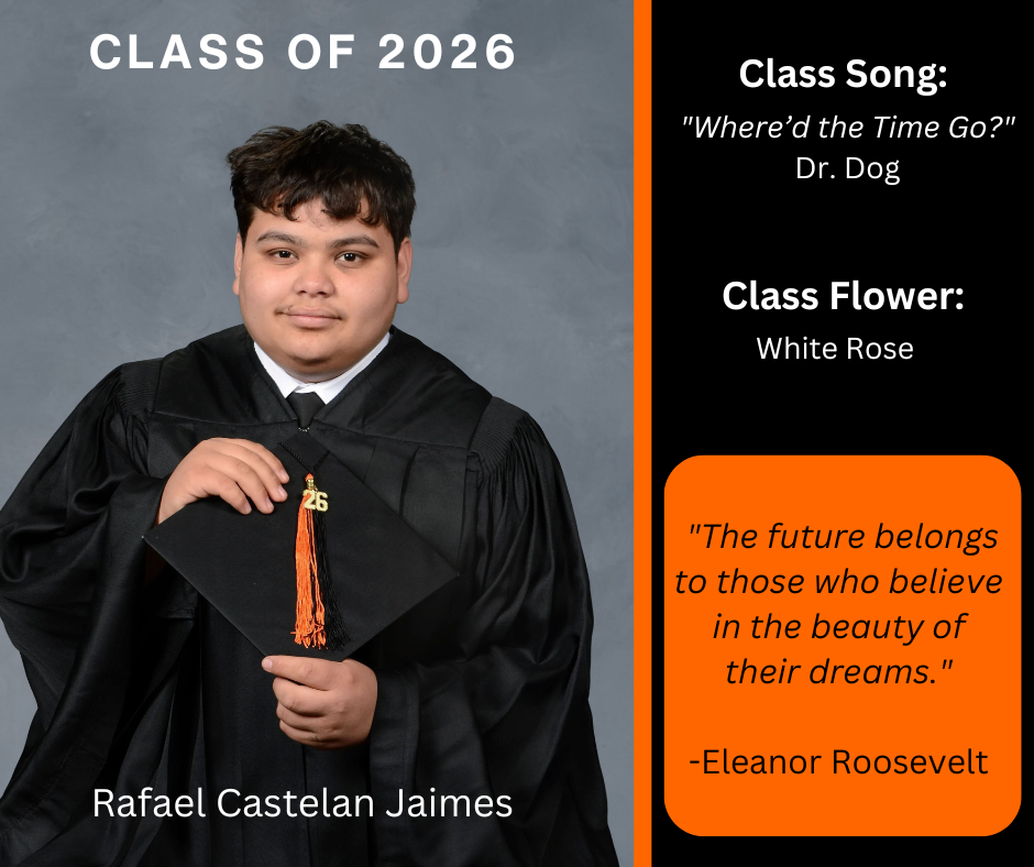 boy holding a graduation cap wearing a graduation gown; features class song and class flower
