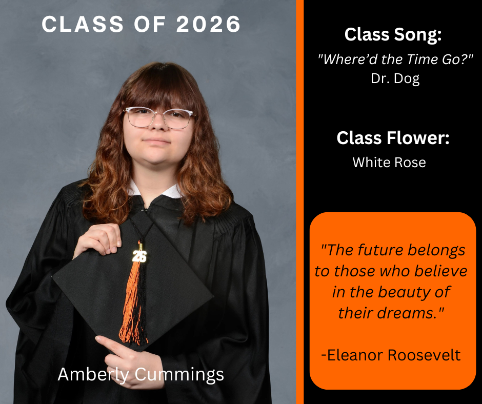 girl holding a graduation cap wearing a graduation gown; features class song and class flower