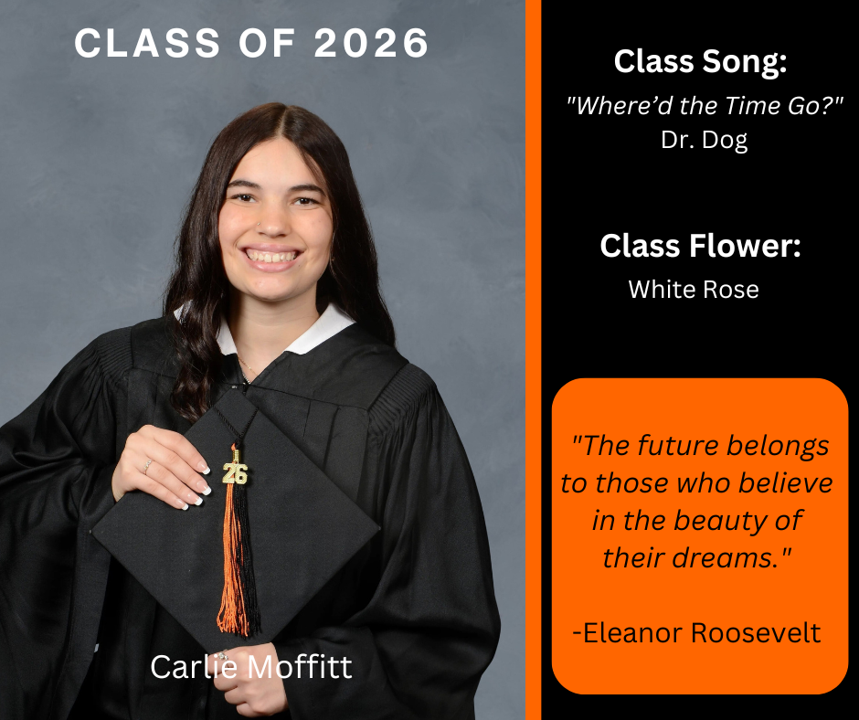 girl holding a graduation cap wearing a graduation gown; features class song and class flower