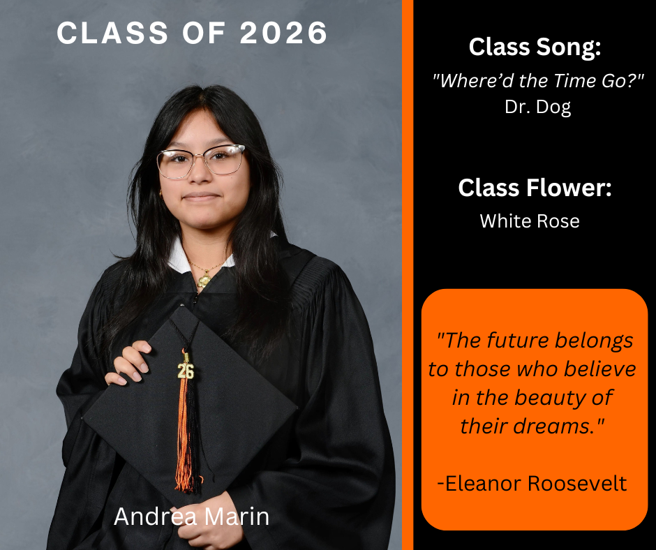 girl holding a graduation cap wearing a graduation gown; features class song and class flower