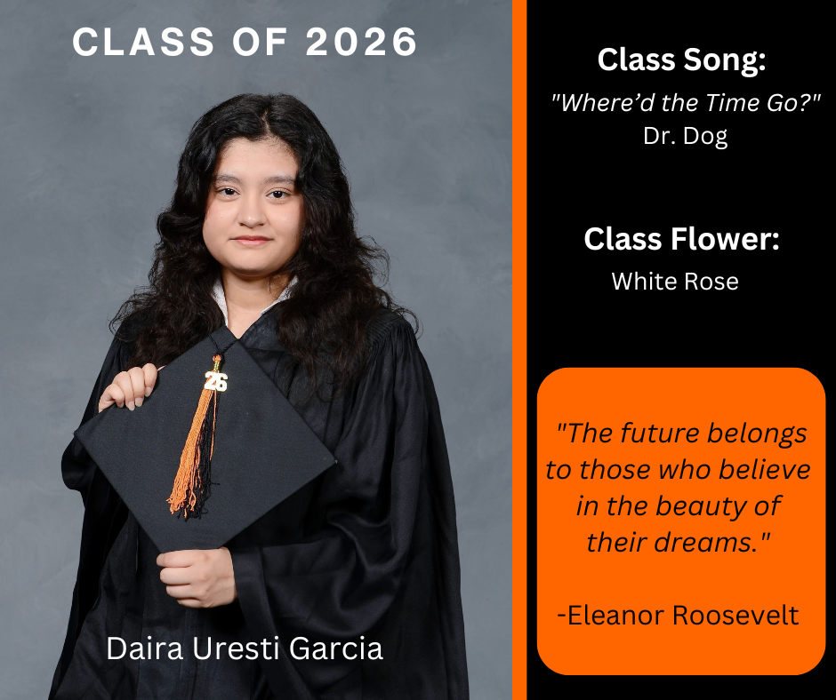 girl holding a graduation cap wearing a graduation gown; features class song and class flower
