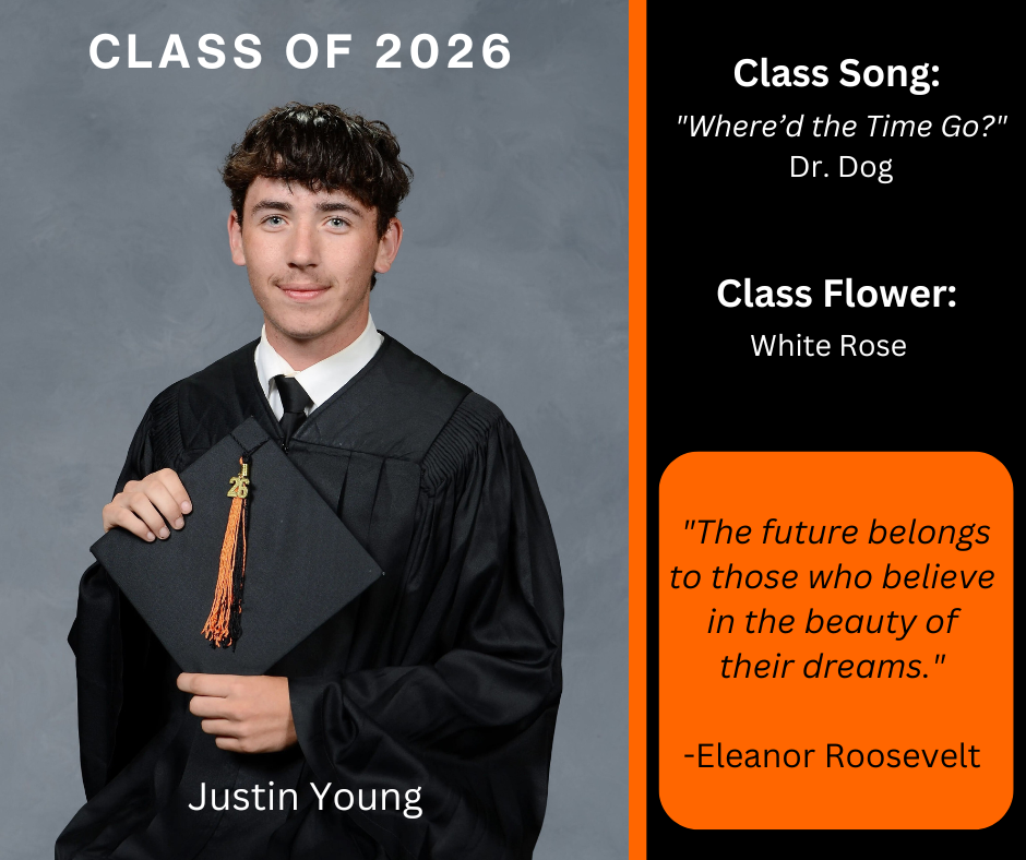 boy holding a graduation cap wearing a graduation gown; features class song and class flower