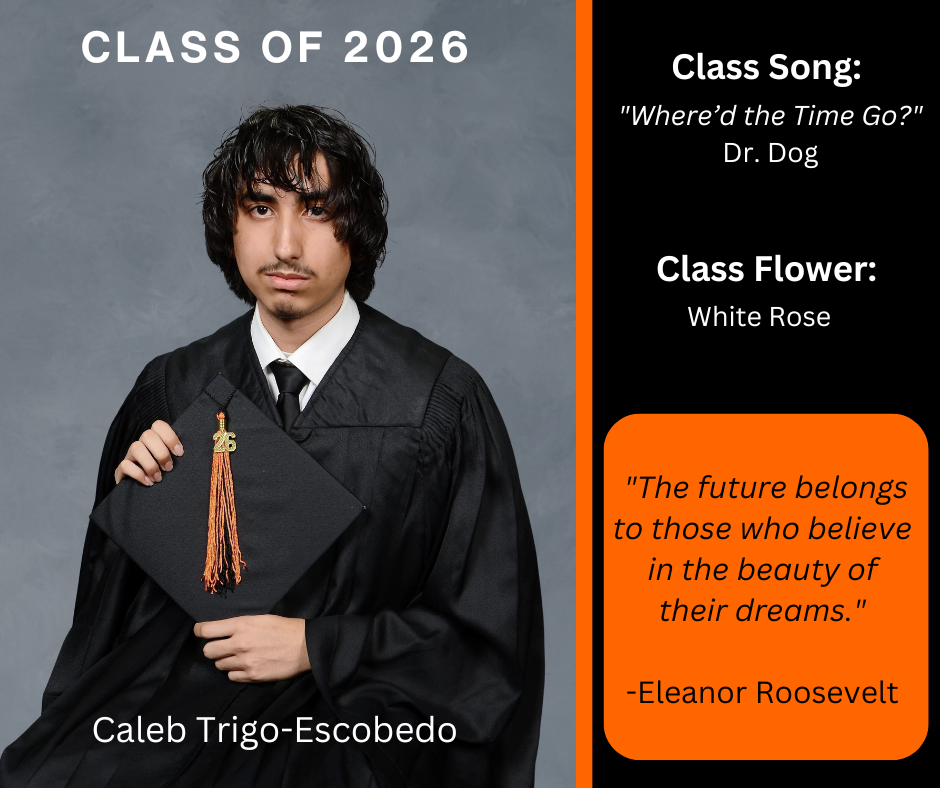 boy holding a graduation cap wearing a graduation gown; features class song and class flower