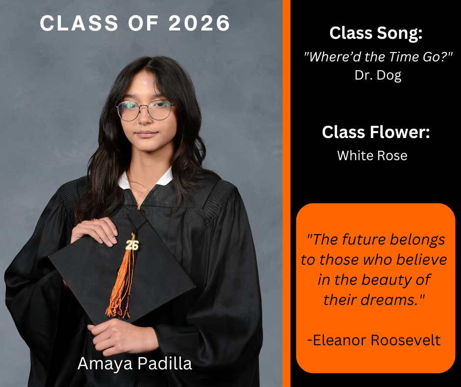 girl holding a graduation cap wearing a graduation gown; features class song and class flower