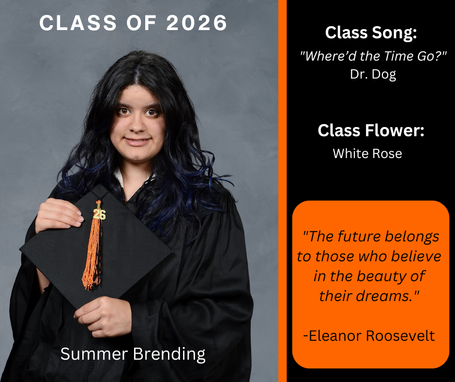 girl holding a graduation cap wearing a graduation gown; features class song and class flower