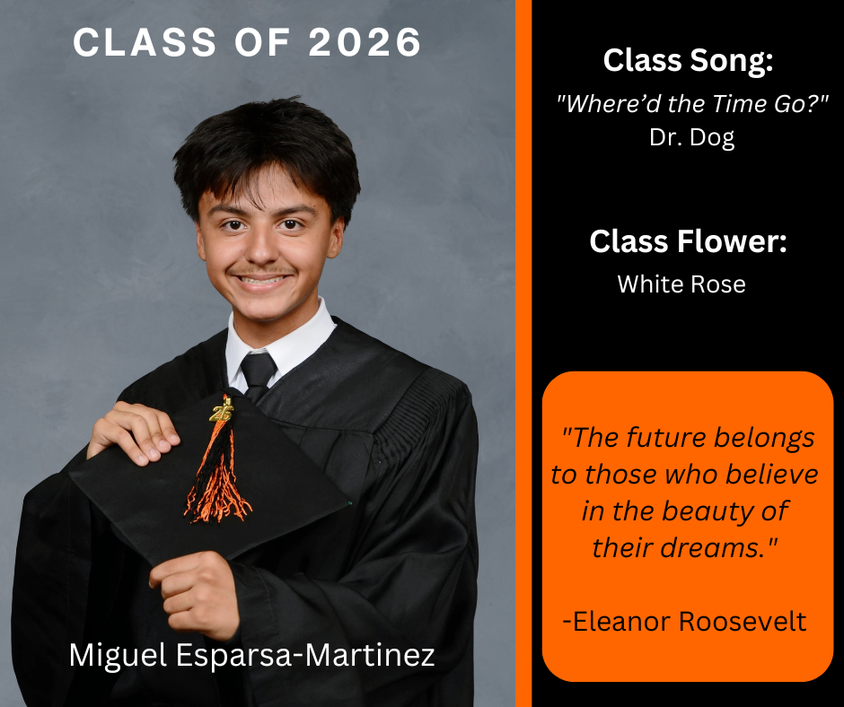 boy holding a graduation cap wearing a graduation gown; features class song and class flower