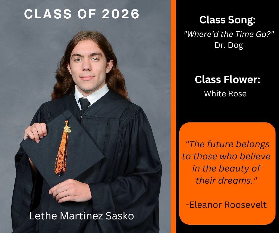 boy holding a graduation cap wearing a graduation gown; features class song and class flower