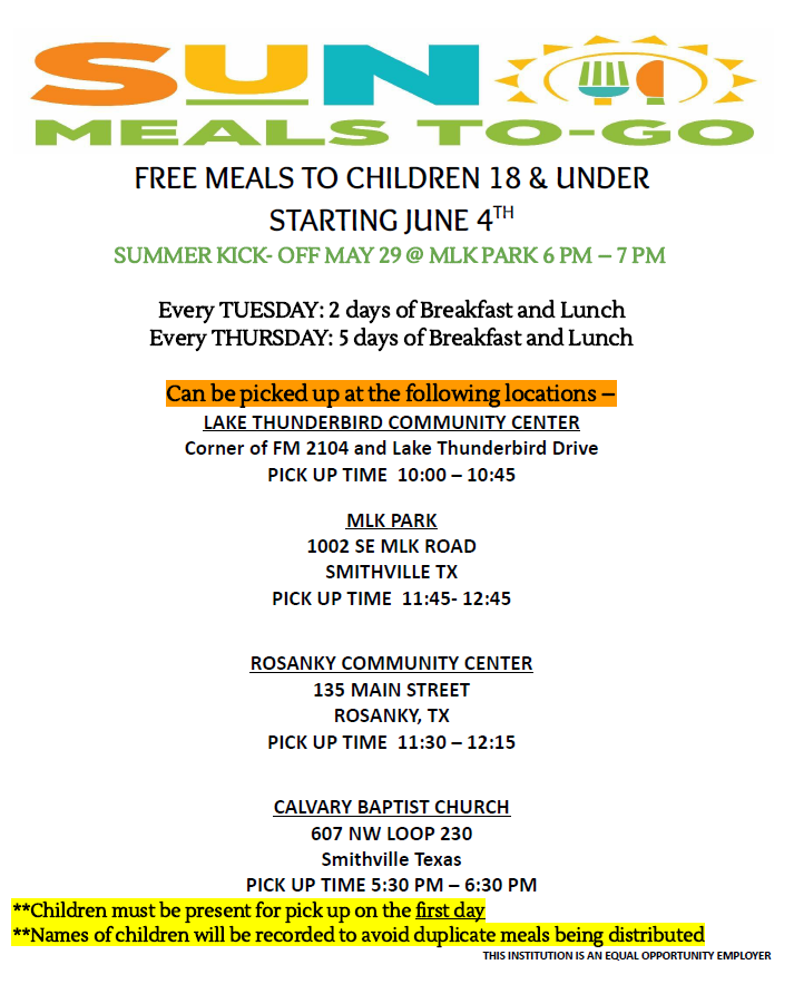 SUMMER FEEDING "SUN MEALS" SCHEDULE