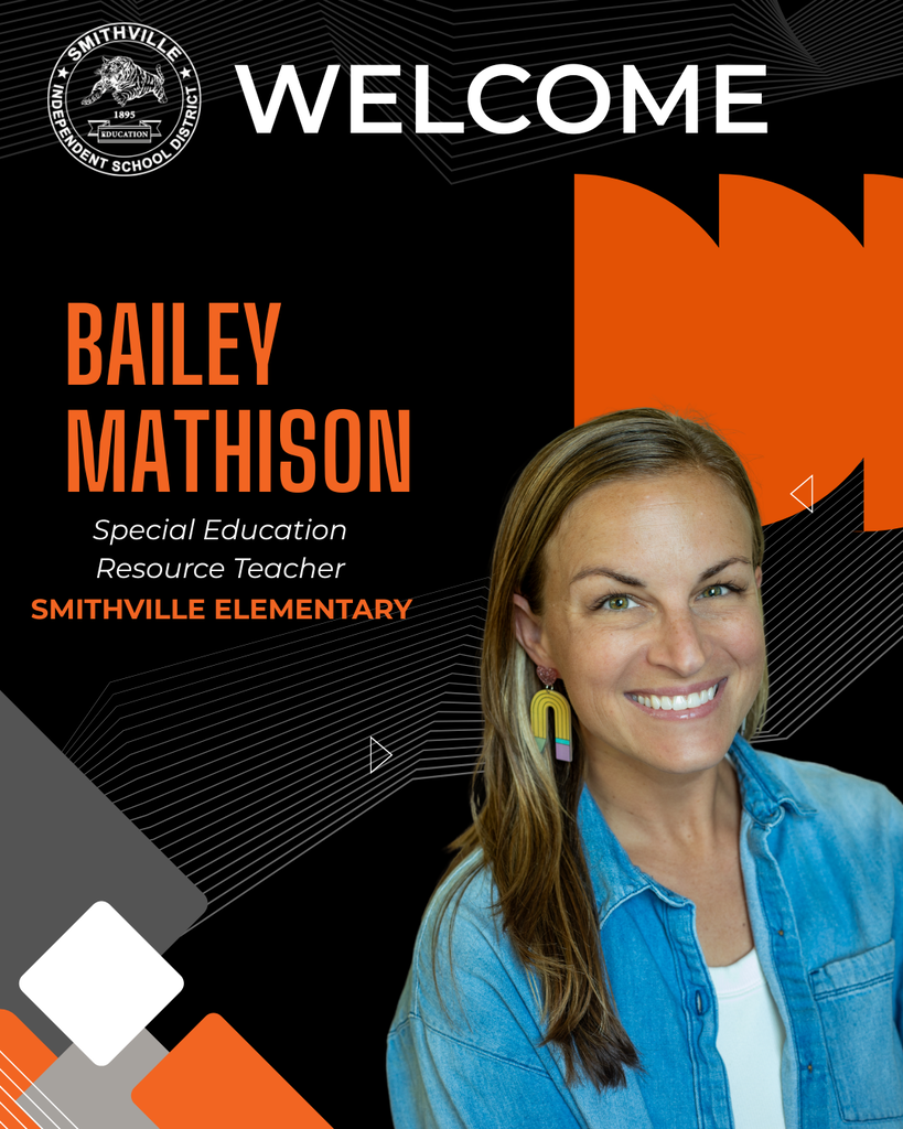 A smiling woman, likely a teacher, poses for a photo. Background: "Welcome" text, a school logo, and geometric shapes.