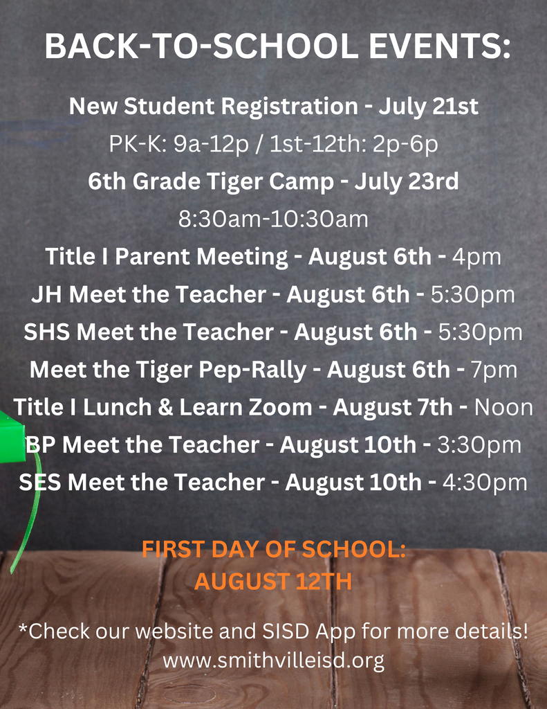 A chalkboard background displays a schedule of back-to-school events with dates and times for various activities.