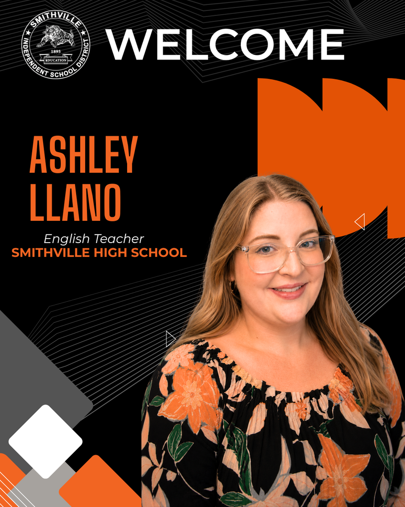 A woman stands against a black and orange background with a school logo. She wears glasses and a floral blouse. "WELCOME ASHLEY LLANO" is above her.