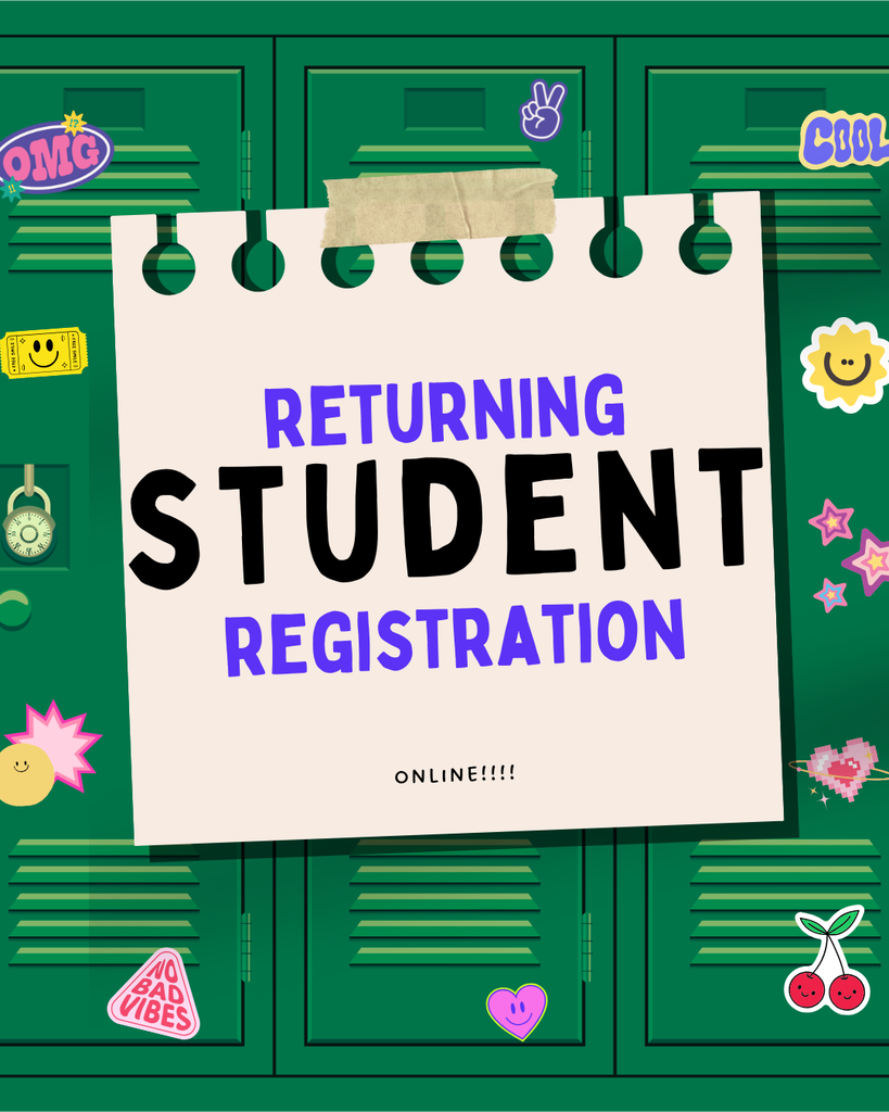 A green locker door with various stickers. A paper with blue text, "Returning Student Registration," is attached.