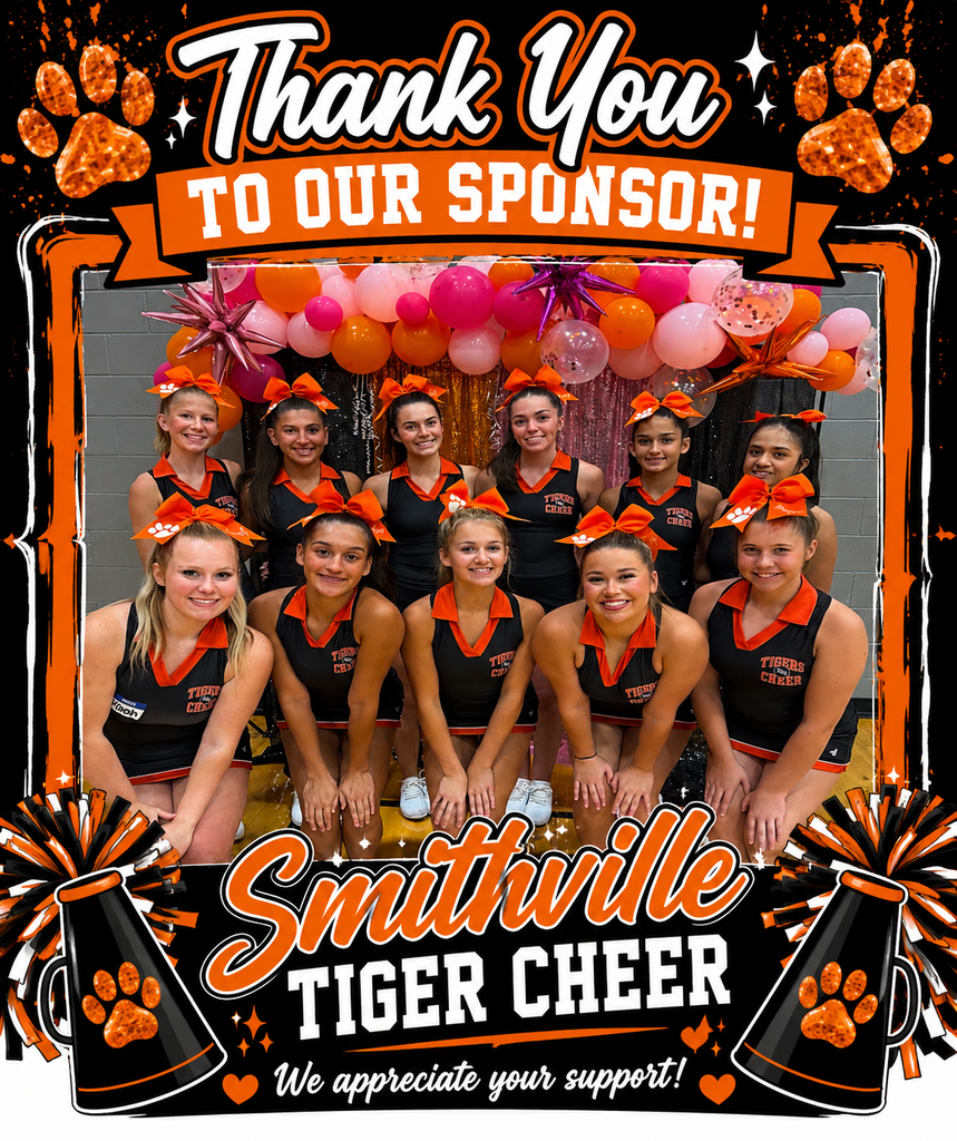 A group of cheerleaders wearing black and orange uniforms, standing together. They are thanking a sponsor.