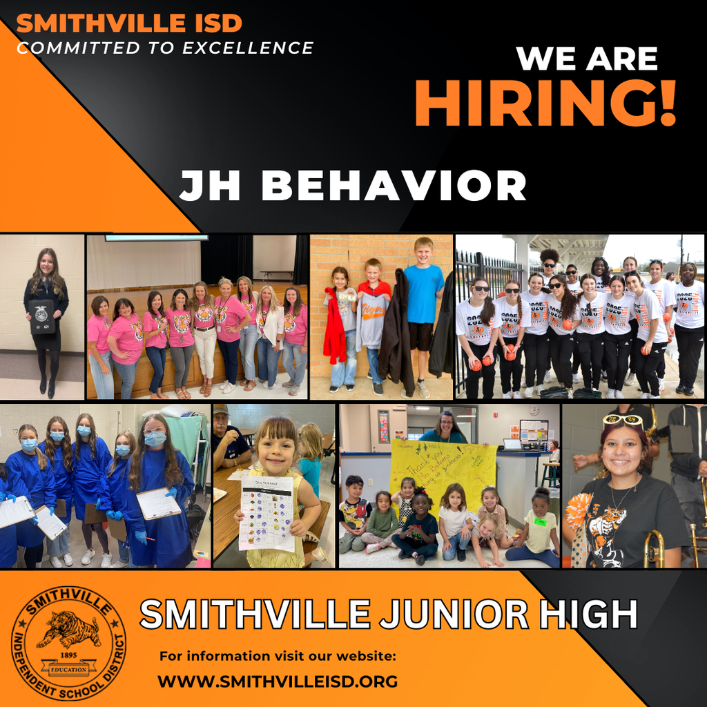 A poster for Smithville Junior High hiring for JH Behavior. Images of students and staff in different locations throughout the school district