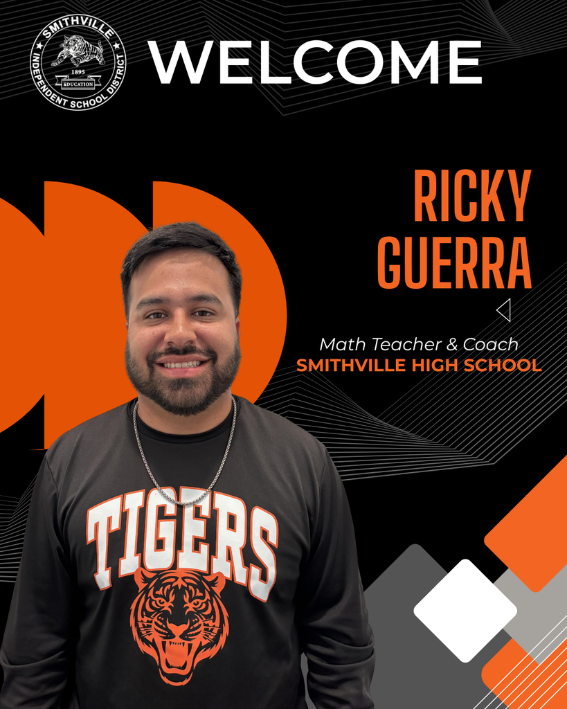 A smiling man stands with a black shirt featuring a tiger logo. Behind him, a black background displays text "WELCOME" and "RICKY GUERRA" with "Math Teacher & Coach SMITHVILLE HIGH SCHOOL".