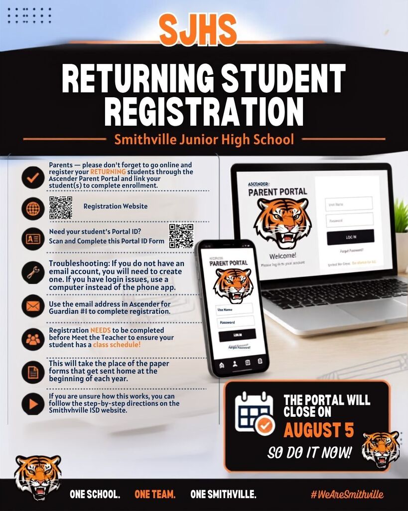 Advertisement for the Smithville Junior High School's Returning Student Registration, featuring a tiger logo, instructions, and QR codes.