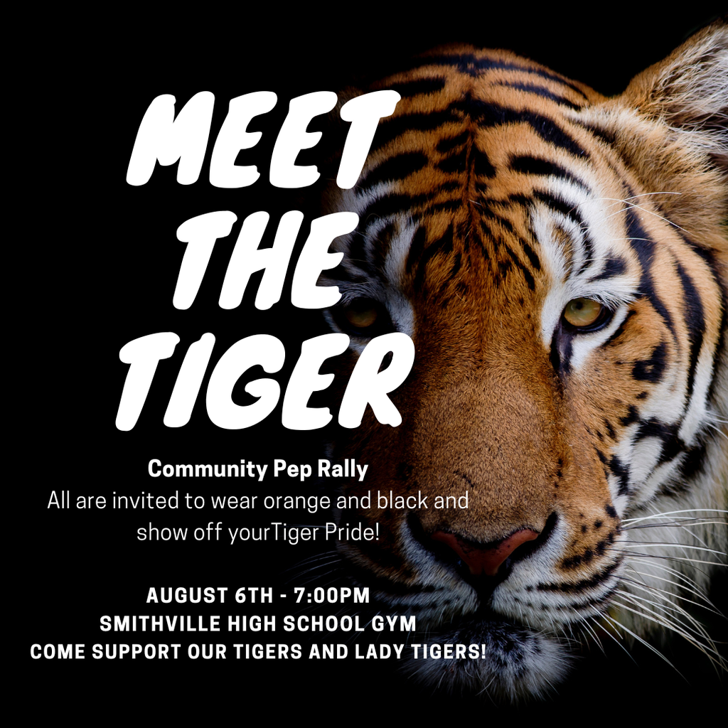 A close-up of a tiger's face with text about a community event. The tiger's eyes are alert.