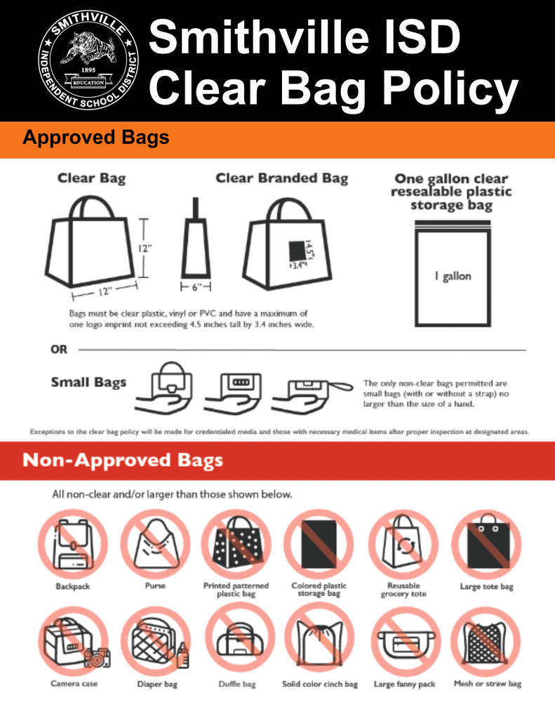 Policy poster for Clear Bag Policy. Shows approved bags, including a small bag and a clear plastic bag.