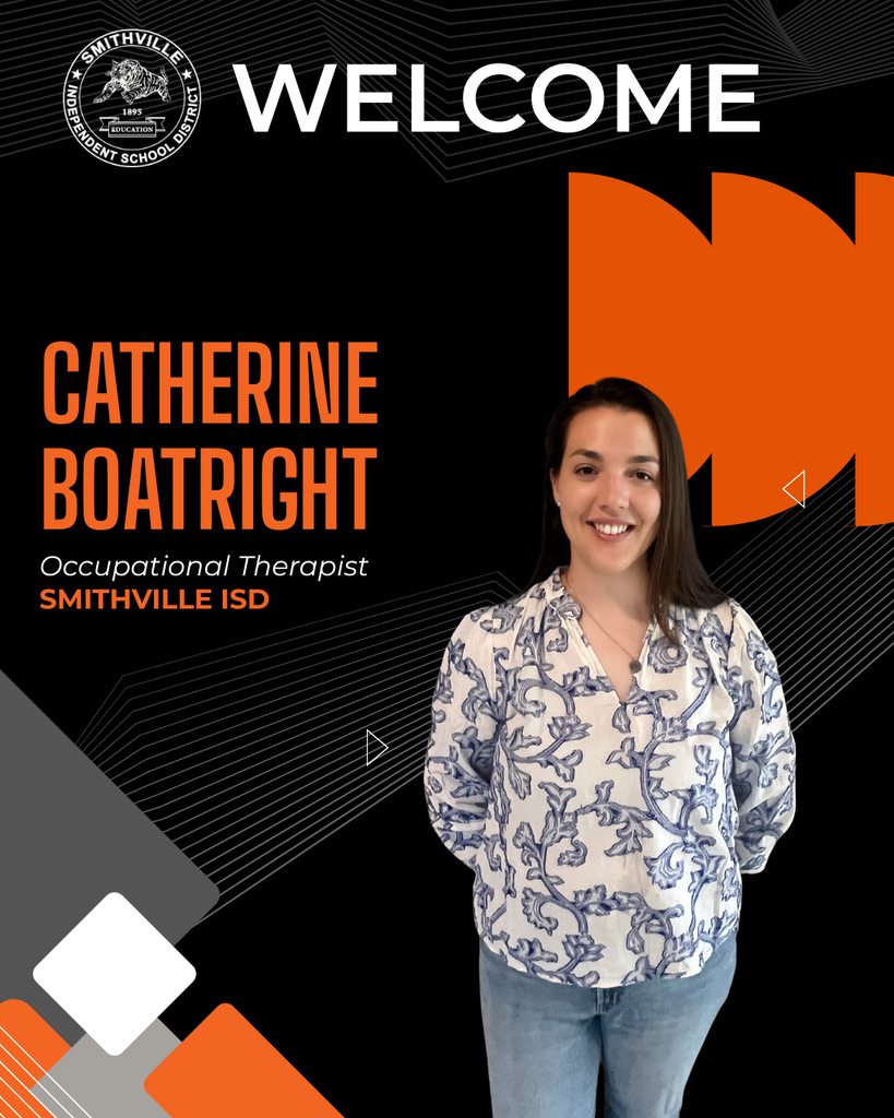 Woman in floral top and jeans smiles. Background has "Welcome", logo, "Catherine Boatright", and "Occupational Therapist Smithville ISD".