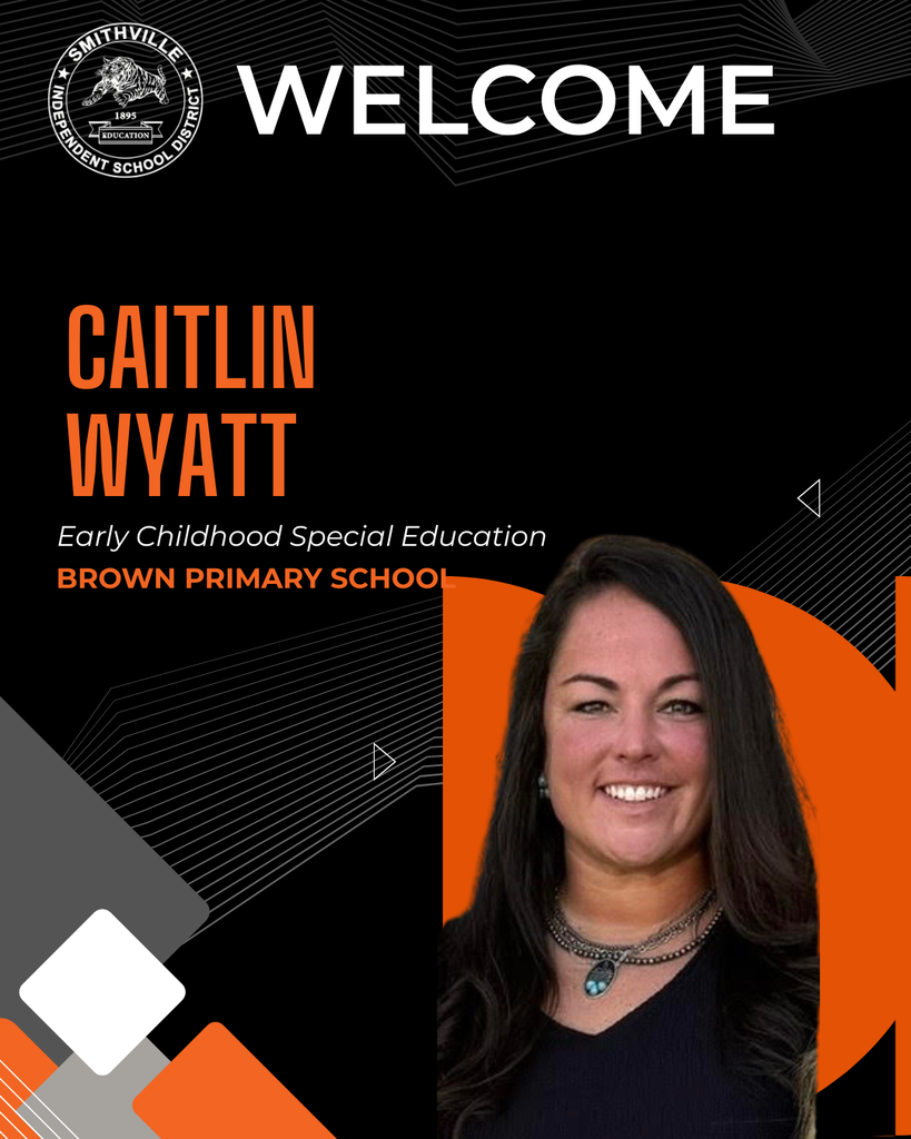 A poster shows a smiling woman in a black shirt and jewelry. It says "Welcome Caitlin Wyatt" and "Early Childhood Special Education."