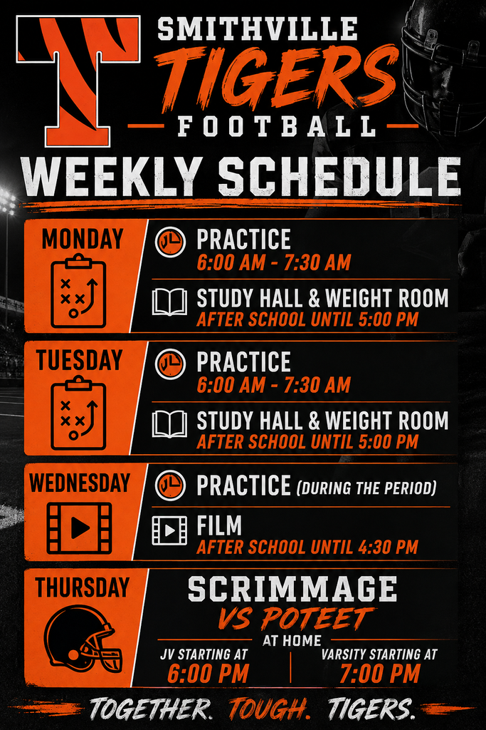 Black and orange poster with the title "Smithville Tigers Football Weekly Schedule". Text and icons detail practices and activities.