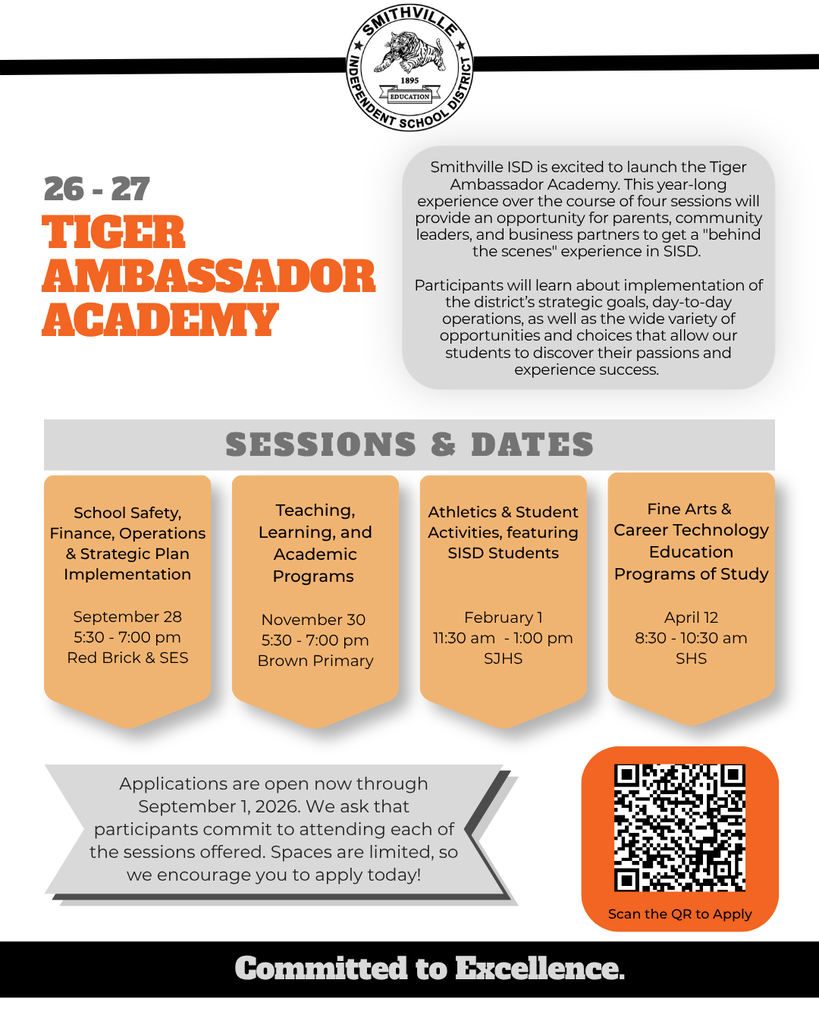 A flyer about the Tiger Ambassador Academy with various session dates. Sessions include school safety, teaching, athletics, fine arts, and more.