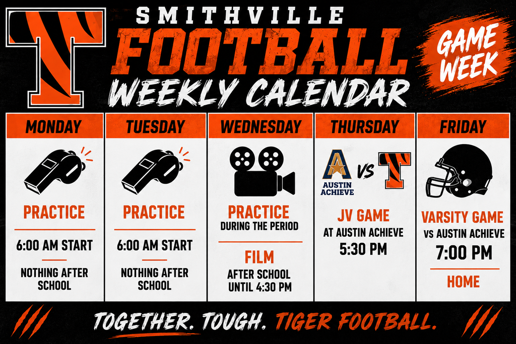 A black-and-orange football schedule with text for Smithville Football Weekly Calendar and game details.