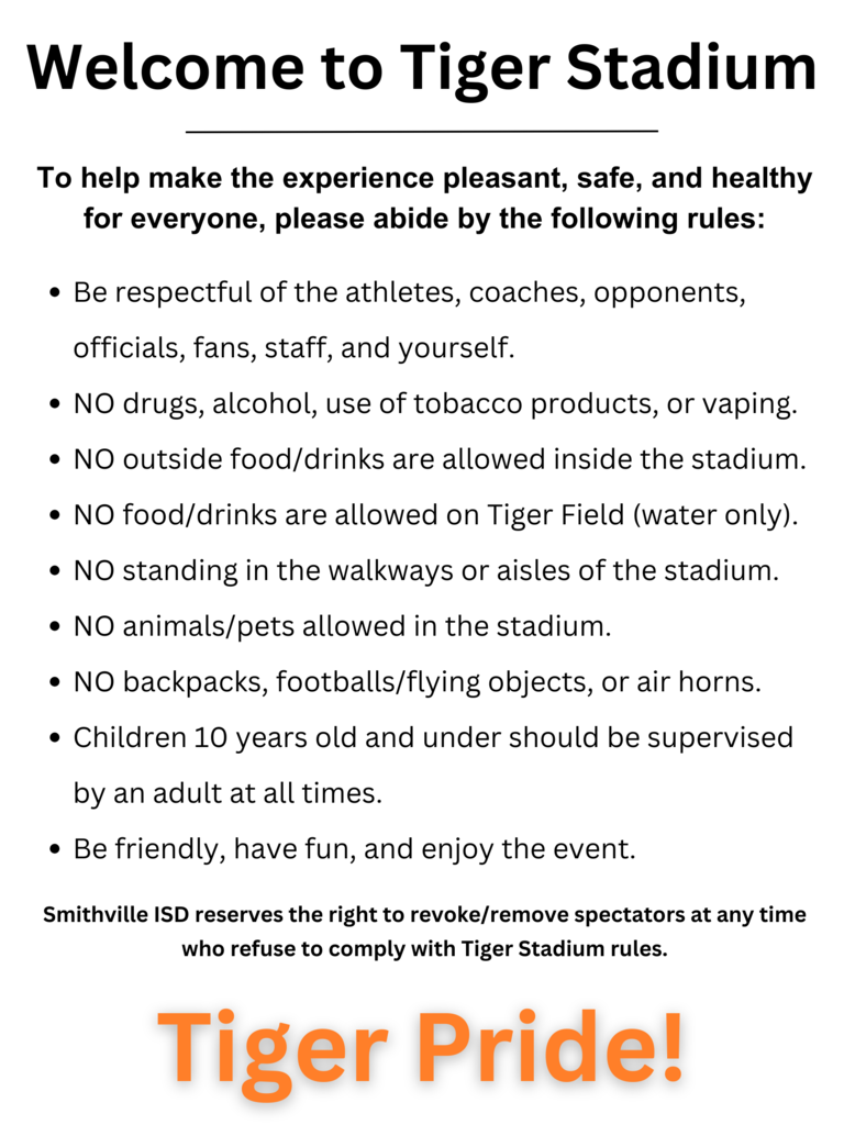 Document displaying the rules for Tiger Stadium, emphasizing respectful behavior and restrictions on items, food, and animals.