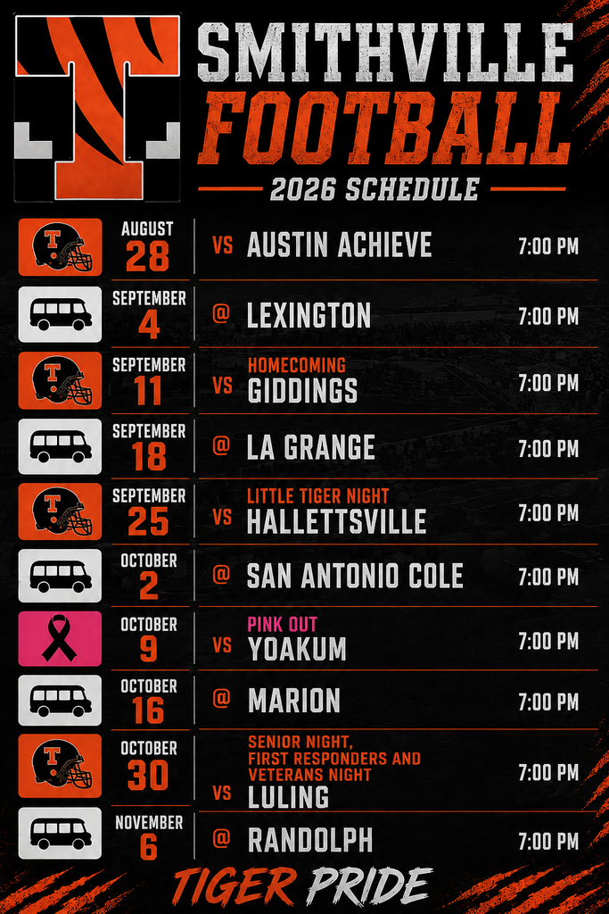 Black, white, orange, and red color scheme. "Smithville Football" written above "2026 Schedule" in bold letters. Schedule table below.