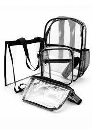 Three clear plastic bags on a white background. One is a backpack, another a purse, and the third a medium-sized bag.