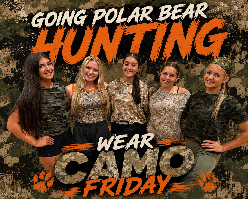 Five women pose together. They wear camouflage tops and shorts. A camouflage background displays text.