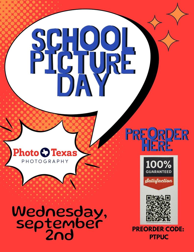 A vibrant red poster for "School Picture Day" includes a speech bubble with blue text, a QR code, and a 100% satisfaction guarantee. The date, Wednesday, September 2nd, is displayed prominently.