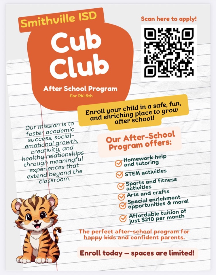 flyer for the cub club after school program with set code for the application. features a tiger cub