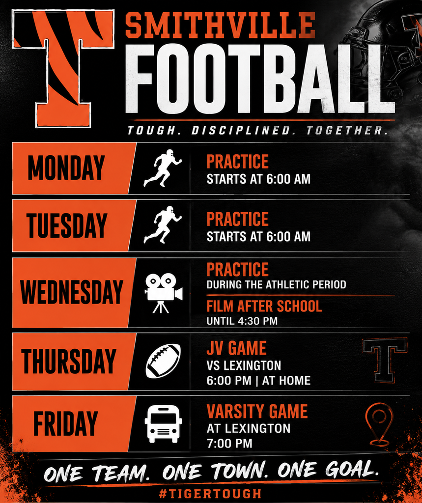 A schedule poster for Smithville Football has days, times, and activities listed on a black and orange background.