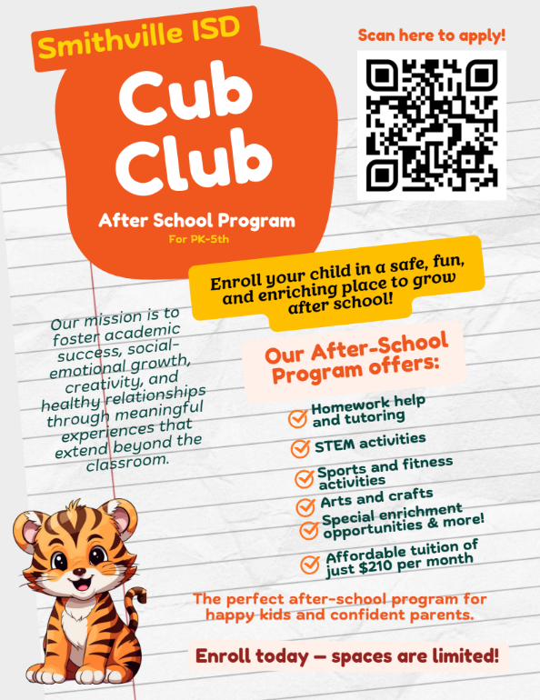 An invitation for the Cub Club after school program features a tiger, QR code, and bullet points listing benefits and costs.