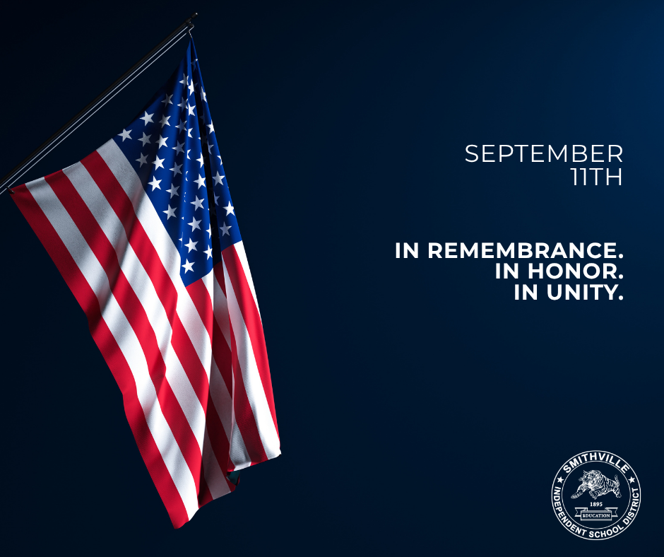 Flag hangs from a pole, blue background. Words "September 11th, in remembrance, in honor, in unity" are centered.