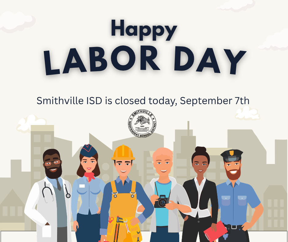 Advertisement for Labor Day with text and silhouettes of workers in various uniforms in front of cityscape.