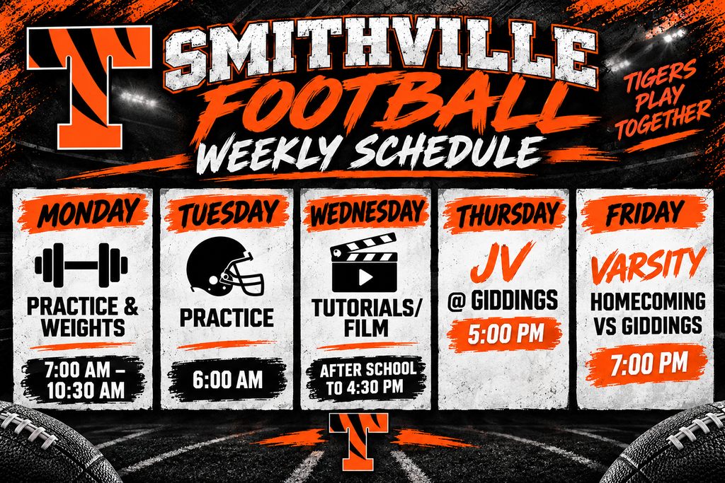 A schedule for Smithville football practices and events, with days, times, and activities listed. Orange and black background.