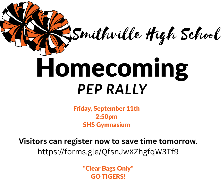 A black and white poster promotes the Smithville High School Homecoming Pep Rally on September 11th at 2:50pm in the SHS Gymnasium.