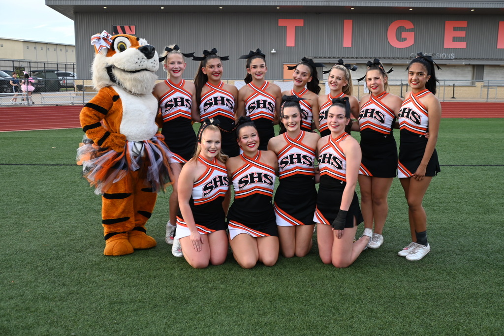 A team of cheerleaders in black uniforms with white accents poses with a tiger mascot on a field.