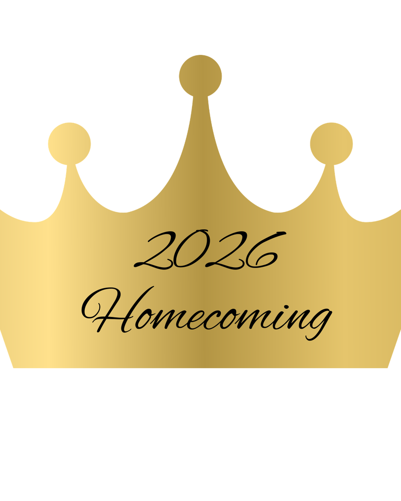 A golden crown with three peaks, labeled "2026 Homecoming," on a plain white background.