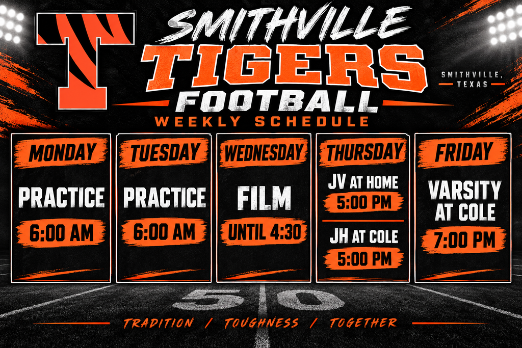 A football team schedule is shown. It includes practices on Monday and Tuesday at 6:00 AM. Wednesday is for film at 4:30 PM.