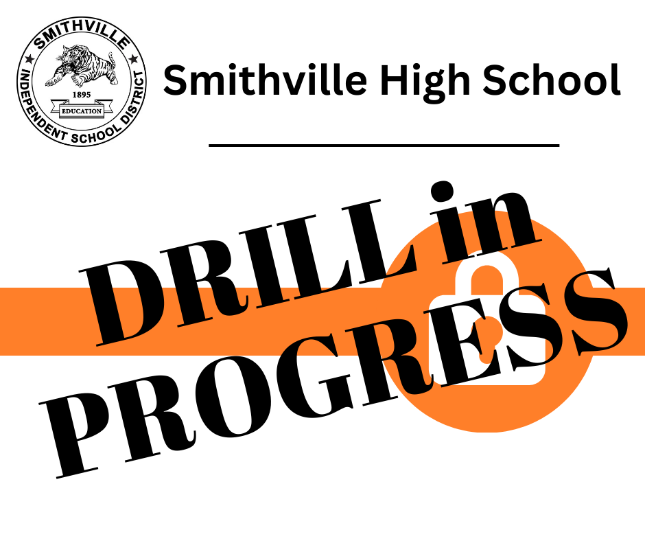 Logo for Smithville High School with a black and orange banner that reads "Drill in Progress."