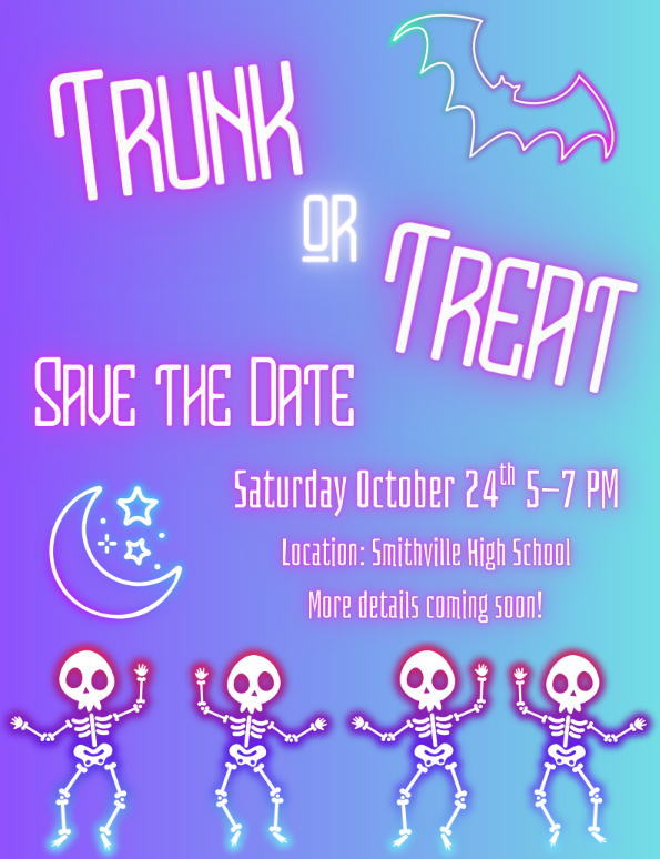 Event poster with purple and blue background. It reads "Trunk or Treat" and "Save the Date". Event date is Saturday, October 24, 5-7 PM. Location is Smithville High School.
