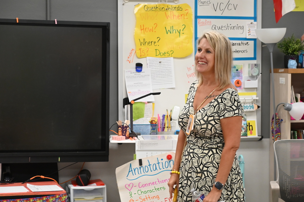 Woman in patterned dress stands in front of a whiteboard, classroom with a large TV screen, a lamp, and colorful papers.