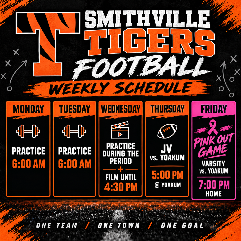Black and orange sports schedule. "Smithville Tigers Football Weekly Schedule" at the top. Days listed down the left. Activities listed across the top.
