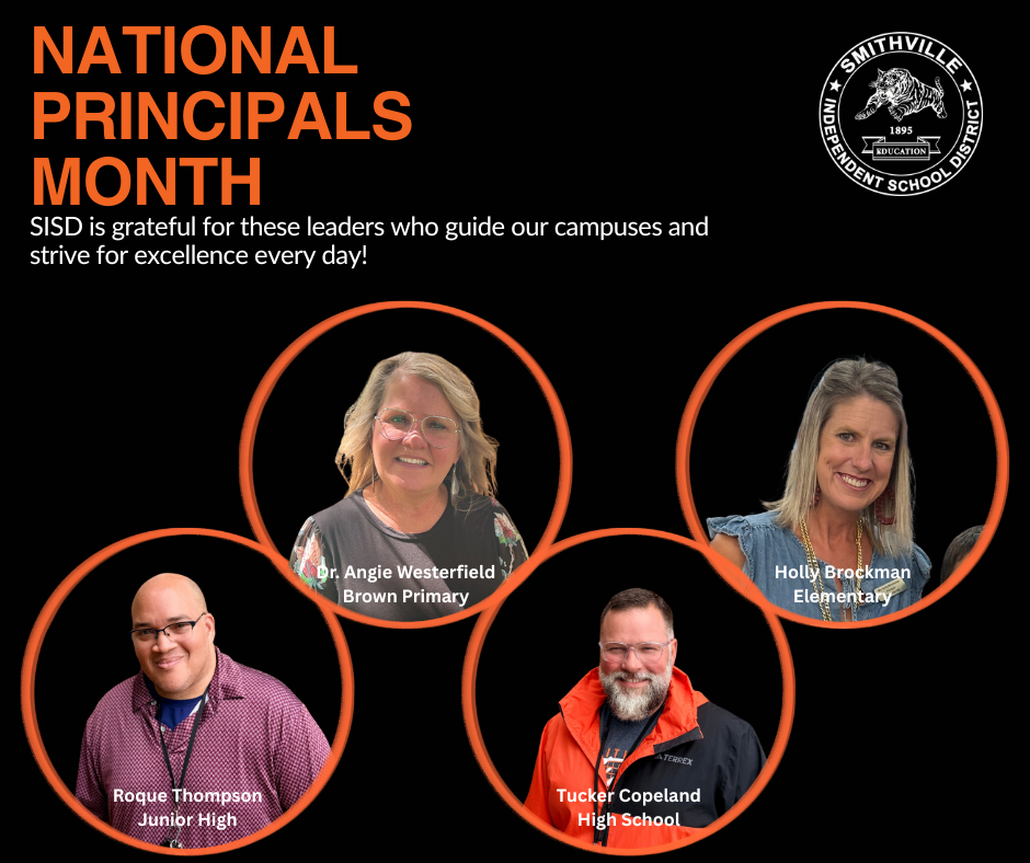Black background with four circular portraits. Each portrait has a name and school position. At top, "National Principals Month" text.